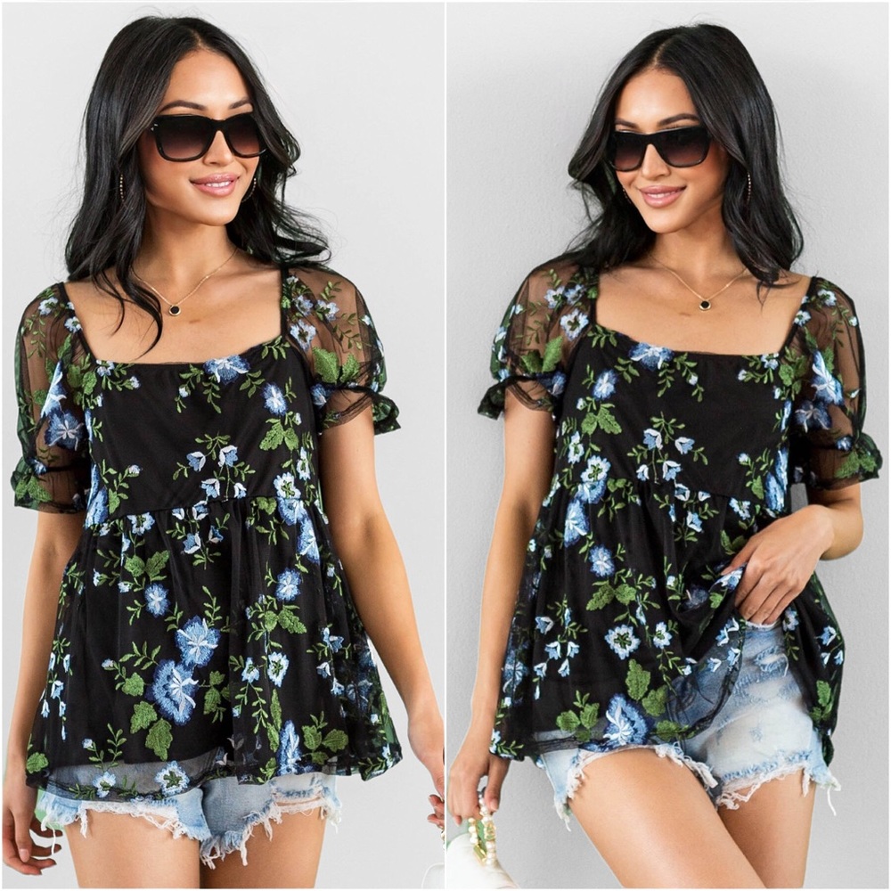 Blue Black Embroidered Babydoll Women’s Summer Cute Woven Pretty Top